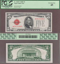1928-E $5 FR-1530* "Star" Replacement note PMG-45