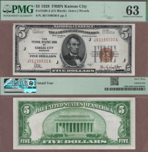 1929 $5.00 FR-1850-J Kansas City PMG CU 63
