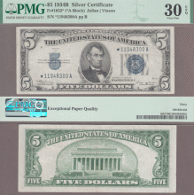 1934-B $5 FR-1652* "STAR" US small size silver certificate PMG Very Fine 30 EPQ