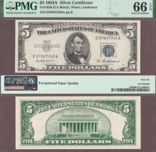 1953-A $5 FR-1656 US small size silver certificate PMG GEM Uncirculated 66 EPQ