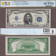 1934 $5 FR-1650 Silver Certificate PCGS Gem CU 65 PPQ