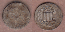 US Three Cent Silver 1857 3c Type 2 Good