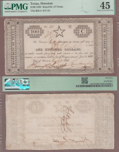 1838 Republic of Texas - $100 CR-H11 "STAR NOTE" PMG EF 45