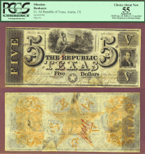 $5.00 A4 - Republic of Texas pape money PCGS Choice About Uncirculated 55