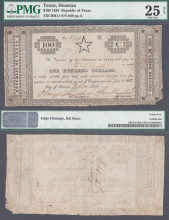 1838 Republic of Texas - $100 CR-H11 "STAR NOTE" Republic of Texas pape money PMG Very Fine 25