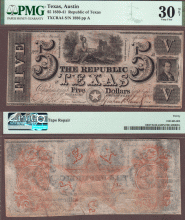Republic of Texas - $5.00 A4 Republic of Texas paper money PMG Very Fine 30