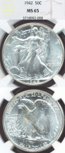 1942 50c NGC MS-65 US Walking Liberty silver half dollar