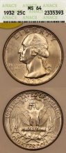 US Washington Quarter 1932 25c ANACS Mint State 64